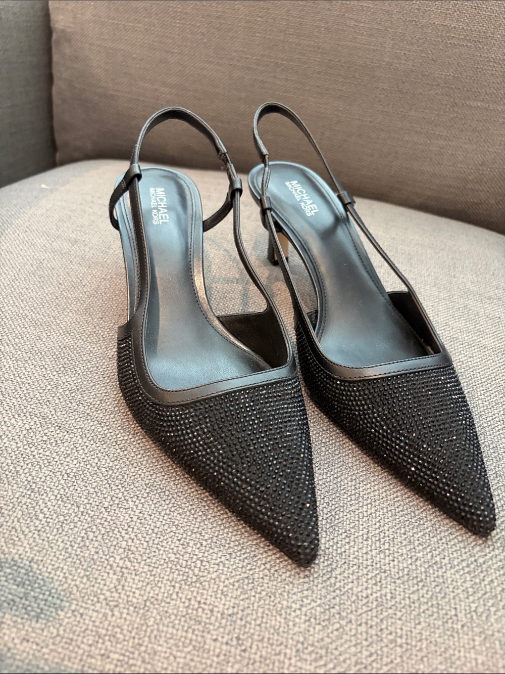 Michael Kors Black Crystal-Embellished Pointed Alora Slingback Heels